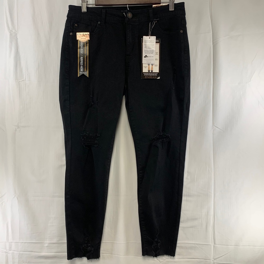 Enjean Skinny Jeans Womens 15 Black High Rise Distressed Cropped Shredded Hem